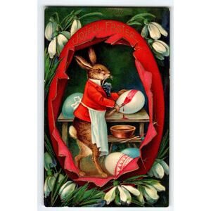 Easter Postcard Dressed Rabbit Paints Eggs Fantasy Anthropomorphic Germany